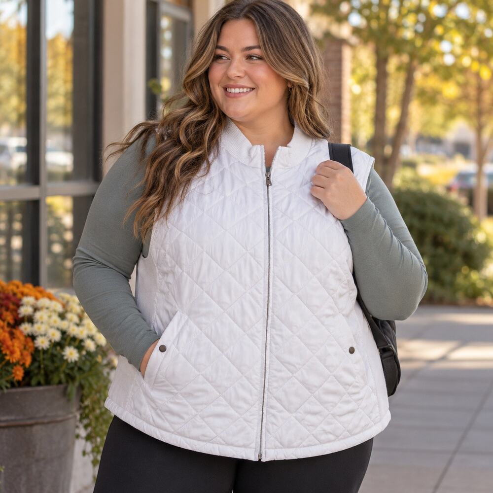 Croft & Barrow Quilted Puffer Vest White Zip Front Snap Pockets 2XL Plus